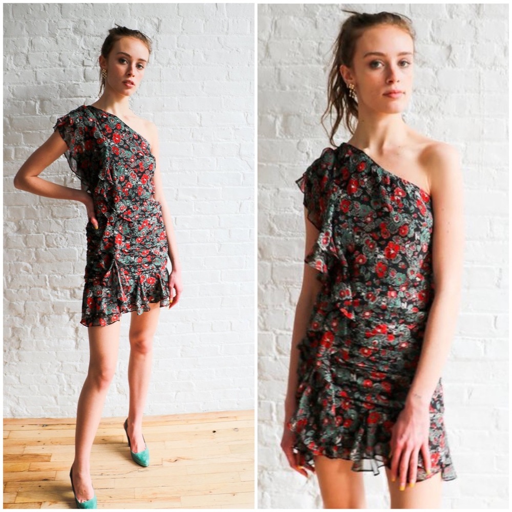 NWT Veronica Beard Ruched Floral Ruffled One Shoulder Mini Dress - Picture 6 of 14